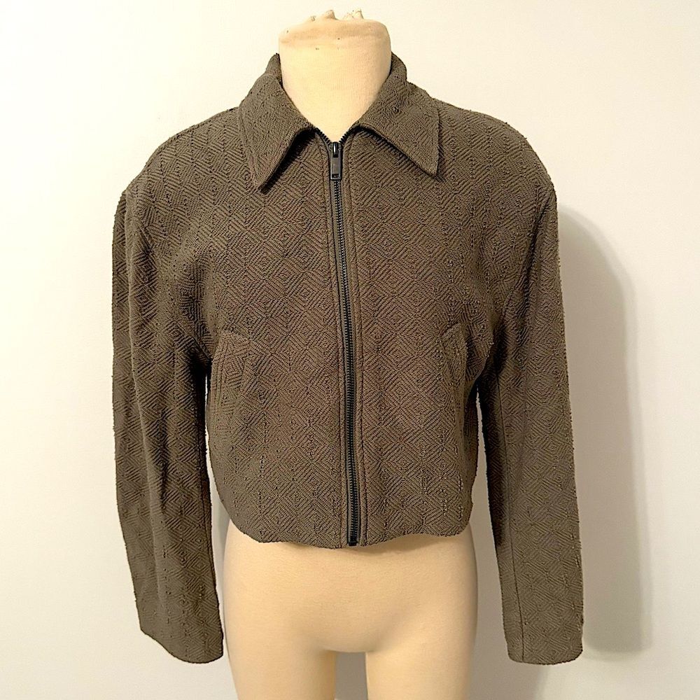 Amanda & Chelsea Olive Cotton Bouclé Zip Bomber Jacket Size XS